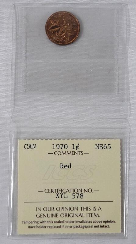 1970 Canadian One Cent Penny . ICCS Graded MS-65 Red