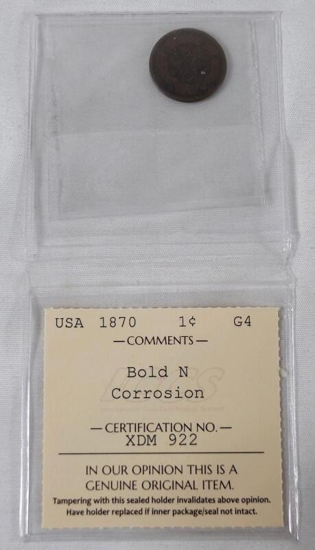 1870 USA Indian Head One Cent Penny . ICCS Graded G4 - Bold N , Corrosion