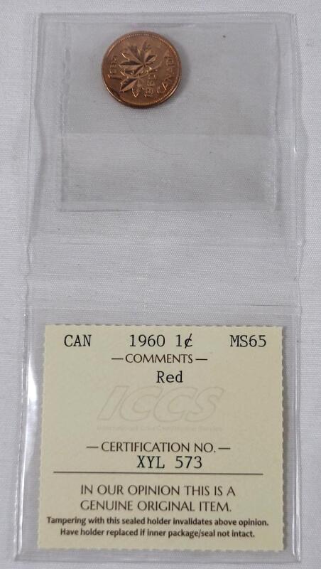 1960 Canadian One Cent Penny , ICCS Graded MS-65 - Red