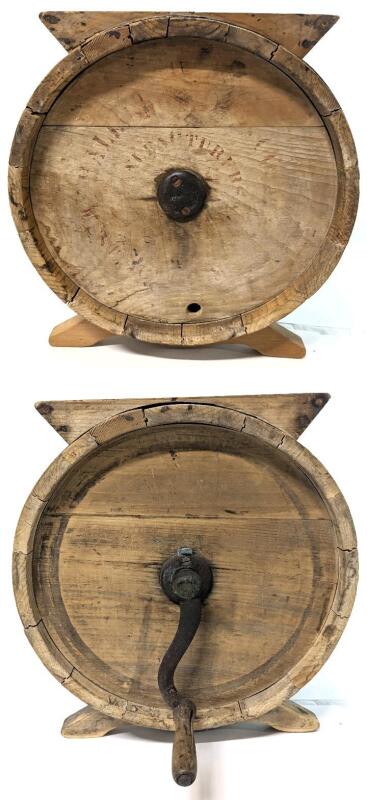 Antique Wooden Barrel Tabletop Butter Churn, 14.5" Tall