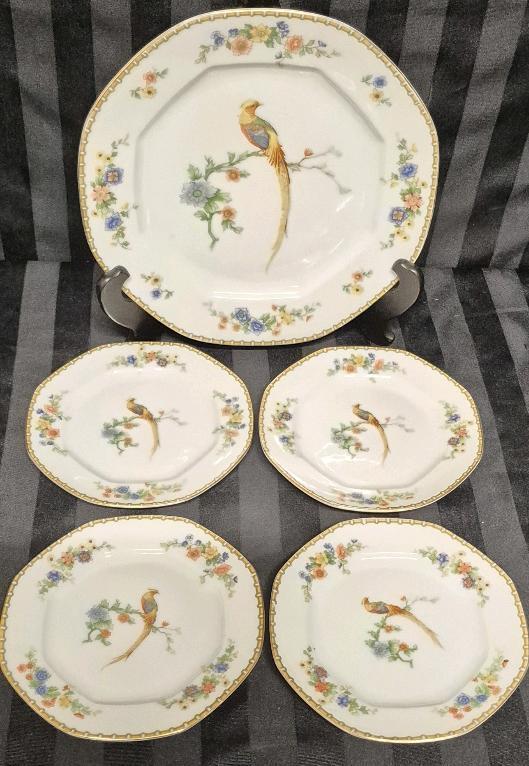 Vintage MZ Altrohlau ' Golden Pheasant ' Porcelain Luncheon Plate & Four (4) Dessert Plates .