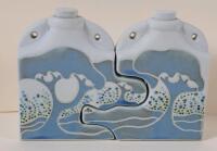 Vintage Signed JMC Handmade Pottery Conjoined Jigsaw Small Bottles with Original Pottery Stoppers . Measures 3 &sup3;/&sup1;⁶" tall .