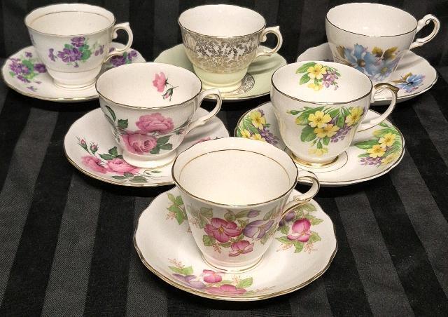 6 Vintage Cups & Saucers - Colclough, Royal Vale, Regency, & Duchess