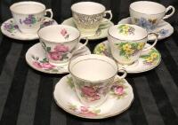 6 Vintage Cups & Saucers - Colclough, Royal Vale, Regency, & Duchess
