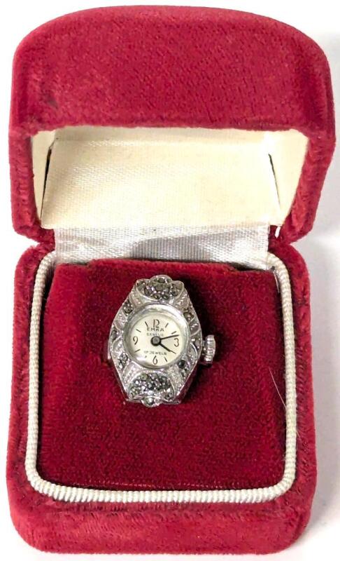 Vintage EMKA Gen&egrave;ve Swiss 17 Jewels Marcasite 800 Silver EZP Expandable Ring (Size 6+) Watch, Manual Wind, Ticking