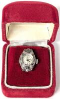 Vintage EMKA Gen&egrave;ve Swiss 17 Jewels Marcasite 800 Silver EZP Expandable Ring (Size 6+) Watch, Manual Wind, Ticking
