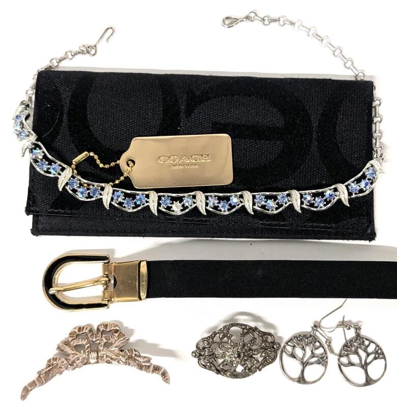 Vintage to Modern: Marcasite & Bow Brooches, Tree of Life Pierced Earrings, 16" AB Rhinestone Necklace Missing Stone, Bag Tag, Billfold Wallet 6.75", Signed Canadian Nylon Belt 30" Long