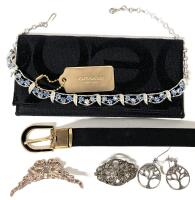 Vintage to Modern: Marcasite & Bow Brooches, Tree of Life Pierced Earrings, 16" AB Rhinestone Necklace Missing Stone, Bag Tag, Billfold Wallet 6.75", Signed Canadian Nylon Belt 30" Long