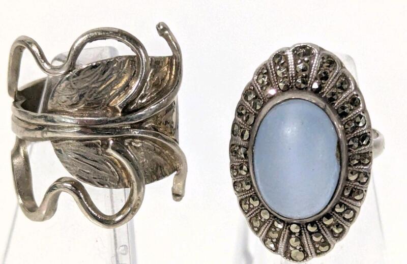 2 Vintage Size 6-6.5 Rings : Marcasite + Powder Blue Glass Stone With Slight Expansion & Butterfly Band, Small Chip in Blue Stone