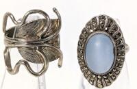 2 Vintage Size 6-6.5 Rings : Marcasite + Powder Blue Glass Stone With Slight Expansion & Butterfly Band, Small Chip in Blue Stone