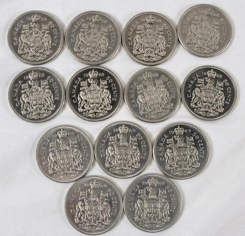 1968 & 1969 Canadian 50 Cent Half Dollar Coins , 13 Coins . 1968 &times;8 & 1969 &times;5