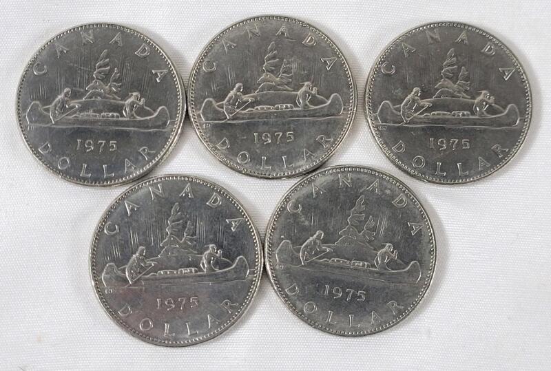 Five (5) 1975 Canadian One Dollar Coins .