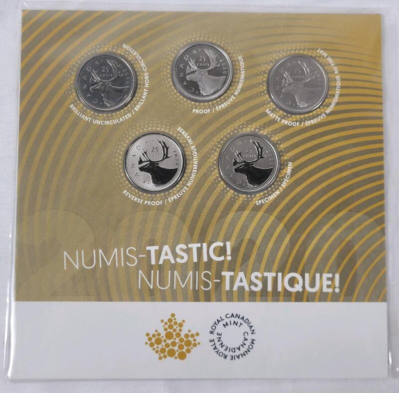 2020 Canadian Royal Canadian Mint "Numis-tastic!" 5-coin Set featuring Different Finishes for the same 25-Cent Caribou Design