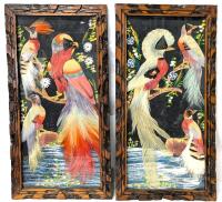 Pair Vintage Mexican Folk Art Real Feather Painting Kitchy Tropical Birds Framed Pictures, 8.5" &times; 16.5" Each