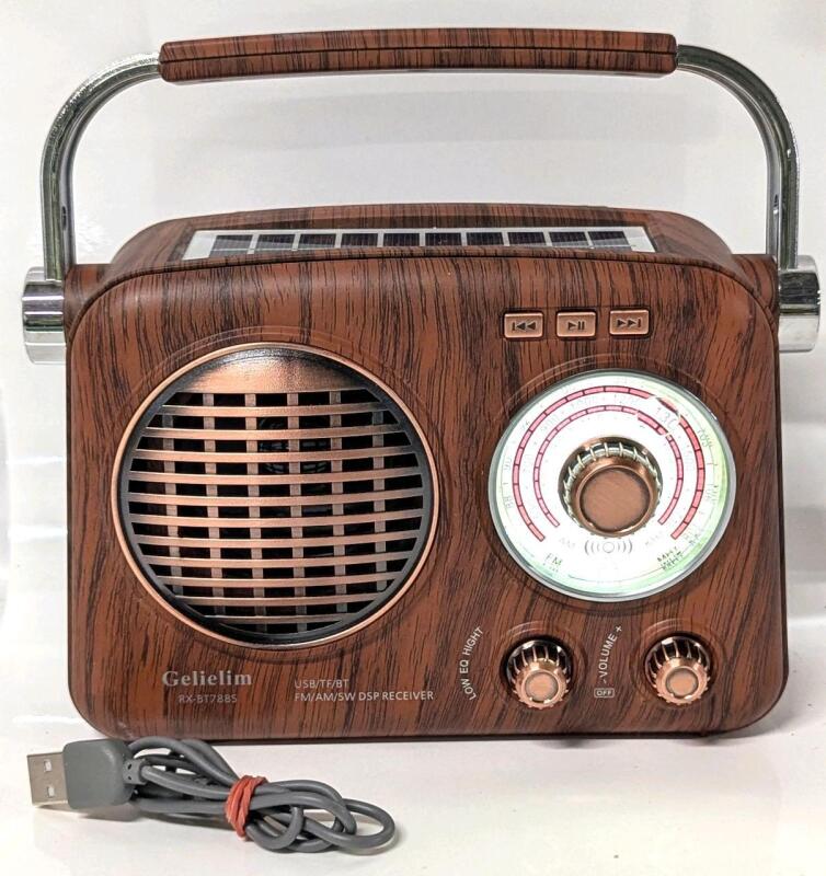 Portable AM FM Shortwave, Retro Radio Bluetooth Speaker, Crystal Clear Sound, Rechargeable w/Solar Panel & Flashlight, Tested For Power