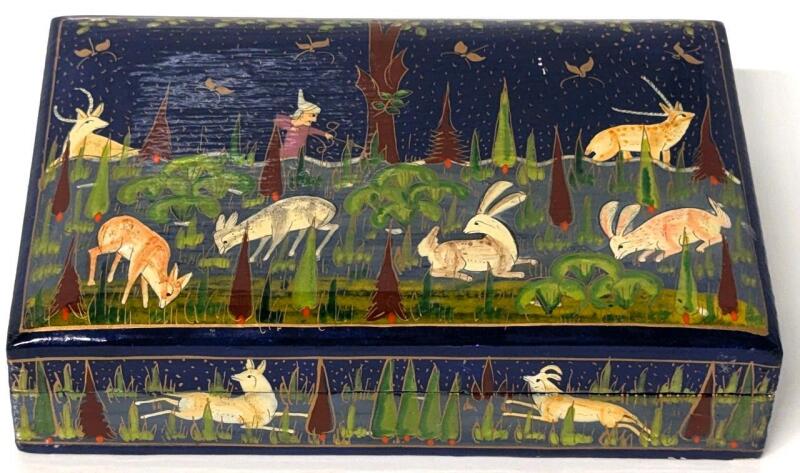 Stunning Vintage Kashmiri Paper Mach&eacute; Handpainted Lacquer Trinket Box With Hunter & Animals Detailing, 6" &times; 4" &times; 1.5" Tall