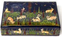 Stunning Vintage Kashmiri Paper Mach&eacute; Handpainted Lacquer Trinket Box With Hunter & Animals Detailing, 6" &times; 4" &times; 1.5" Tall