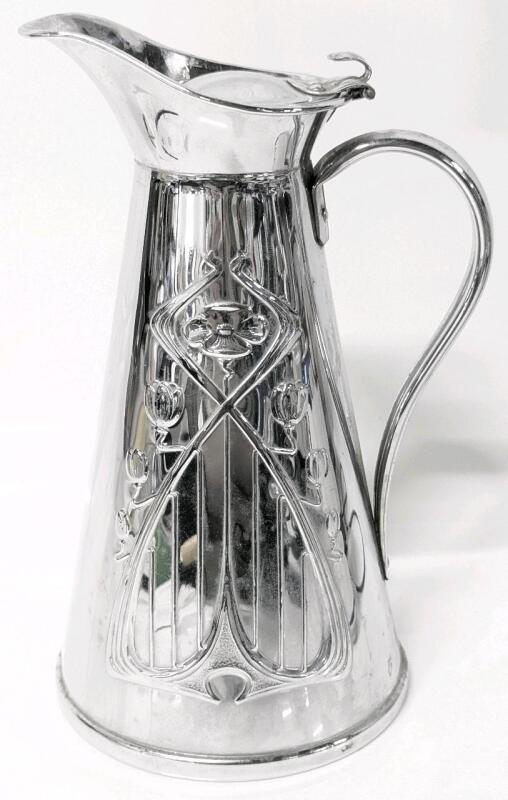 Antique 1915 Art Nouveau Signed J.S. & S. (Joseph Sankey & Son) Solid Copper Handled Water Jug / Pitcher with Tulips and Clover Floral Relief, 9" Tall