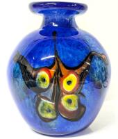 Vibrant Cobalt Blue Over Milk Glass Vase With Funky Multicolor Designs, 7" Tall, No Chips or Cracks, Some Scratches Near Bottom