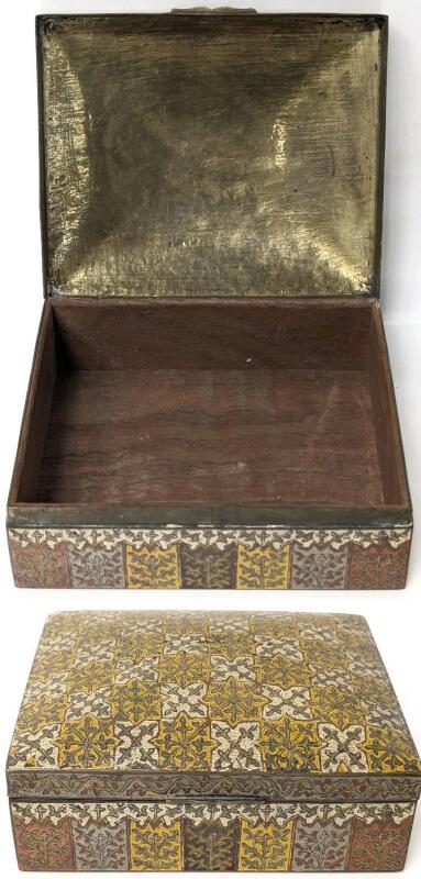 Gorgeous MCM Vintage Brass Patterned Wooden Indian Cigar Box, 6.15" &times; 5.15" &times; 2.75" Tall