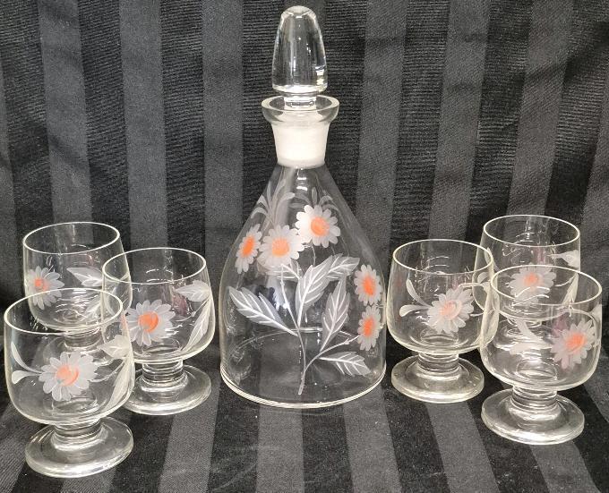 STUNNING Vintage Hand Painted Glass Decanter Set