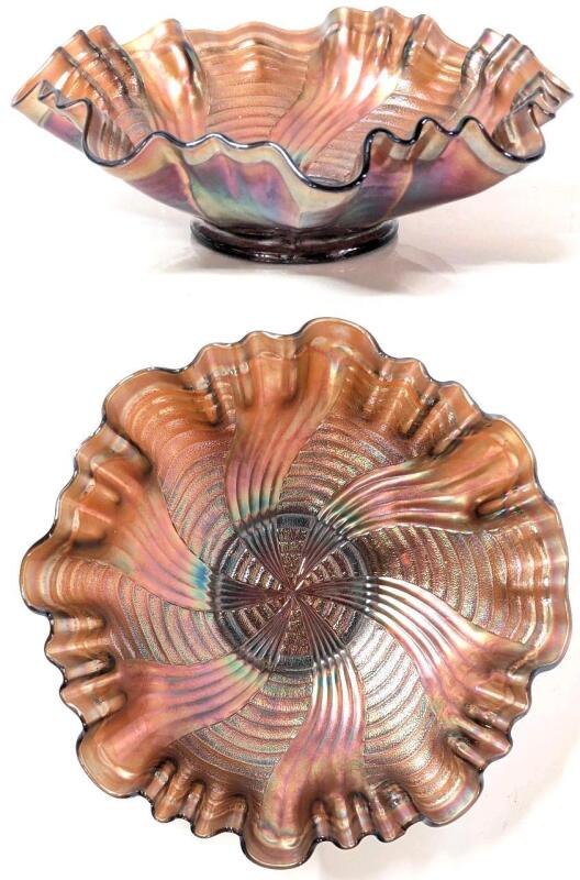 Stunning Vintage Unsigned Fenton "Ribbon Tie" Pattern Amethyst Carnival Glass Bowl, 8" Diameter &times; 2.75" Tall, No Chips or Cracks