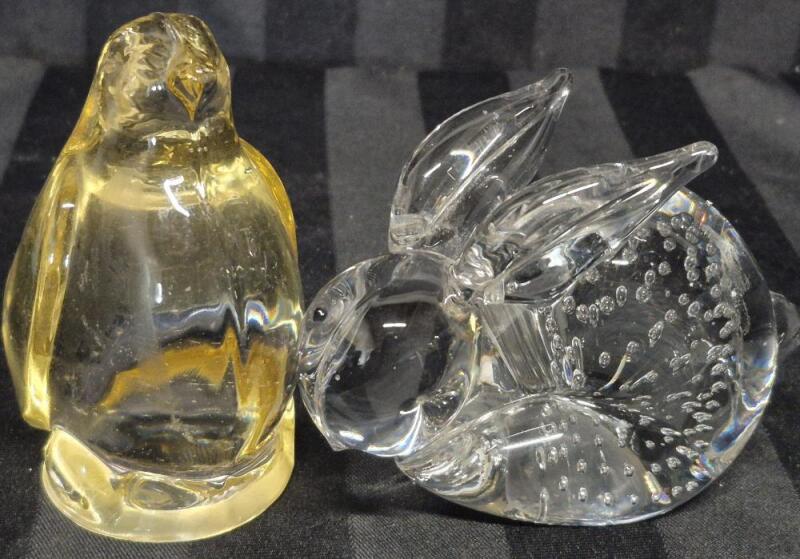 2 Art Glass Paper Weights- Penguin Yellow Glass 3.5" Tall & Bunny with Controlled Bubbles 2.5" Tall