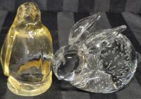 2 Art Glass Paper Weights- Penguin Yellow Glass 3.5" Tall & Bunny with Controlled Bubbles 2.5" Tall