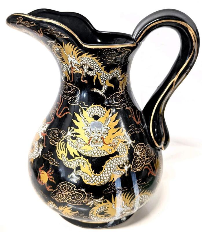 Stunning Vintage Black Ceramic Pitcher Japanese Hand Painted Dragons & Clouds, 10.5" Tall, No Chips or Cracks, Some White Marks