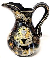 Stunning Vintage Black Ceramic Pitcher Japanese Hand Painted Dragons & Clouds, 10.5" Tall, No Chips or Cracks, Some White Marks