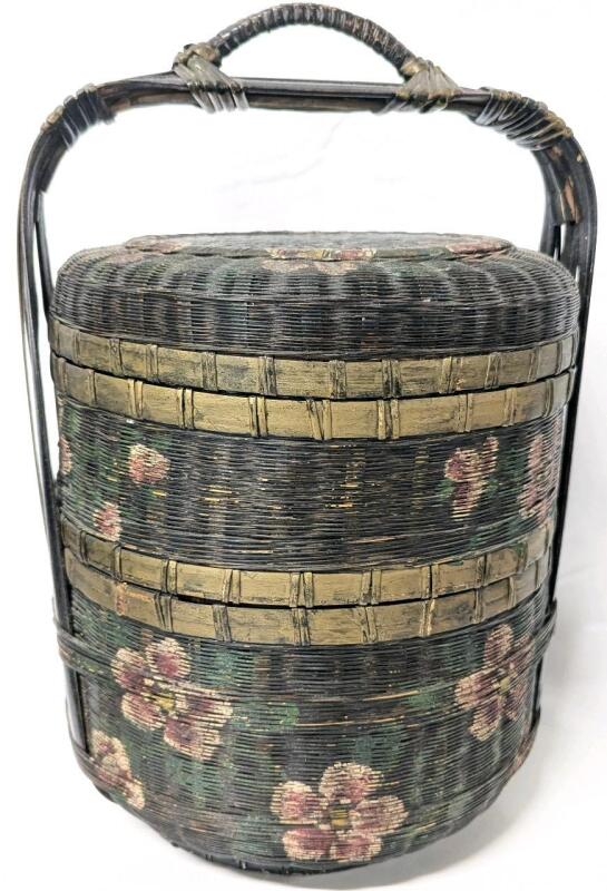 Antique Chinese 2-Tier Wicker Basket With Handpainted Cherry Blossom Design, 16.5" Tall