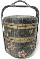 Antique Chinese 2-Tier Wicker Basket With Handpainted Cherry Blossom Design, 16.5" Tall