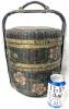 Antique Chinese 2-Tier Wicker Basket With Handpainted Cherry Blossom Design, 16.5" Tall - 2