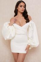 New Size LG Women's HOUSE OF CB LONDON Carlyn Ivory Satin Balloon Sleeve Mini Dress