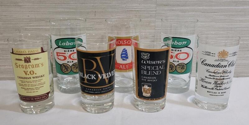 Vintage Beer & Spirits Glasses . Measures 5" & 5.5" Tall .