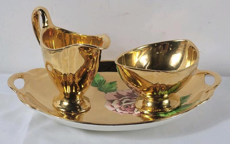 Royal Winton Grimwades " Gold & Roses " Creamer , Super Bowl & Tray Set .