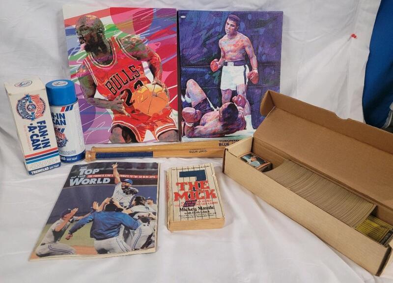 Sports & Baseball Memorabilia Lot . Michael Jordan & Ali Prints , 1990 Topps Baseball Card Singles , Toronto Blue Jays Mini Bats - Book - Fan-in-a-Can & Mickey Mantle Book