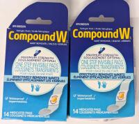 2 New COMPOUND W One-Step Invisible Wart Removers, Max Strength / Waterproof, 14 Pads Each [EXP 06/2028]