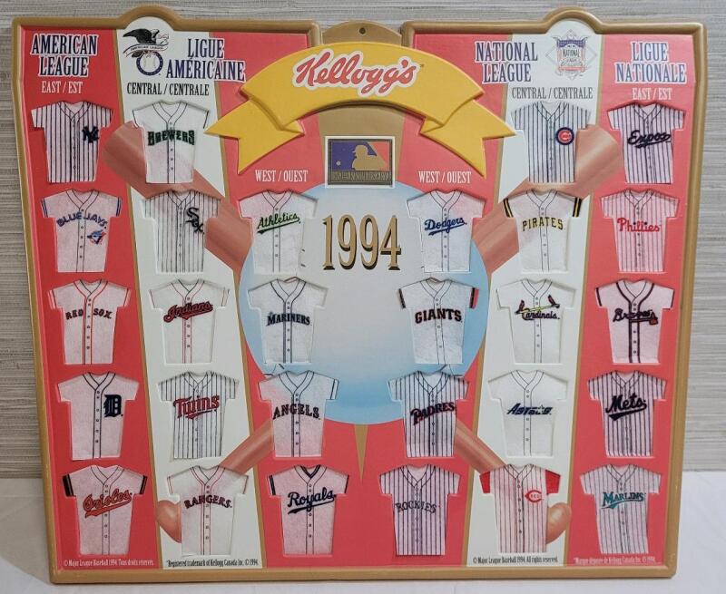 1994 Kellogg's Cereal MLB Baseball Team jersey Alignment Display Plaque w/Jersey's . Complete . Rare - Hard to Find . Plaque Measures 19.5"&times;16"