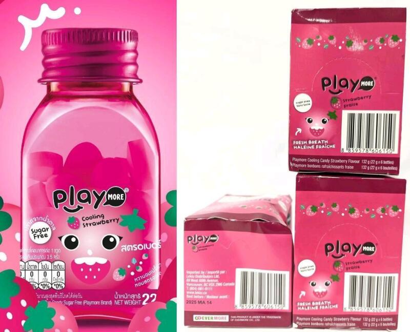 [BB 05/2025] 3 New Boxes of PLAYMORE Sugar-Free Cooling Strawberry Candies, 6 Bottles Per Box