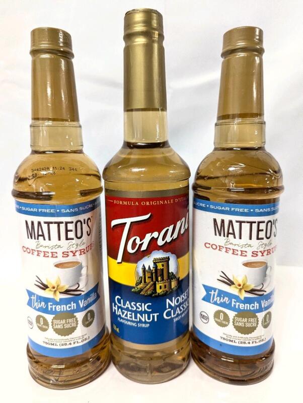 3 New Coffee Flavouring Syrups: 2&times; Matteo's Sugar Free French Vanilla & Torani Classic Hazelnut (With Sugar), Earliest BB 10/2026