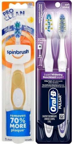 3 New Battery-Powered Toothbrushes : SpinBrush Pro Clean & 2-Pack Oral-B Pulsar Whitening Clean (Soft)