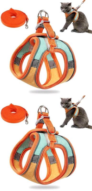 2 New Cat Vest Harnesses With Leash, Reflective Pet Harness for Cat, Kitten, Puppy (Large, Orange and Green)