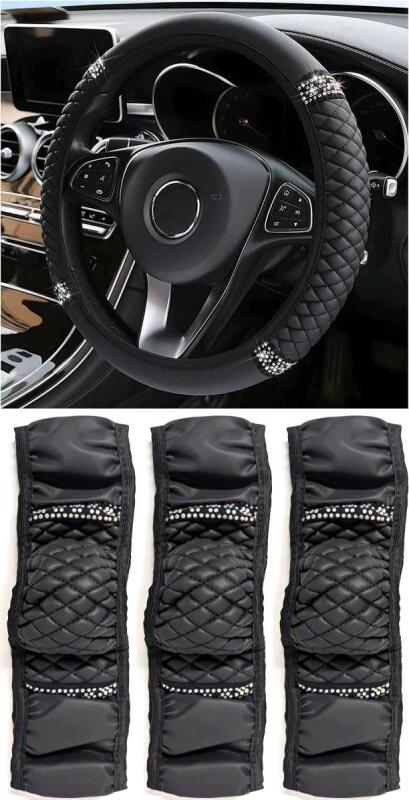 3 New Faux Leather Car Steering Wheel Cover with Anti-Slip Lining, Universal 15 inch, Black