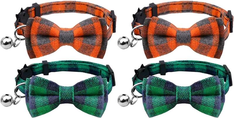 4 New Cat Collars, with Adjustable Breakaway Bowtie and Sliver Bell, for Small Dogs and Cats Neck 7.8"-10.2"