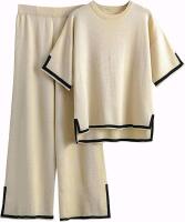 New Size MED Women's Famulily Tracksuit Sweater Sets 2 Piece Outfits Knit Lounge Set Short Sleeve Tops Matching Wide Leg Pants Clothing