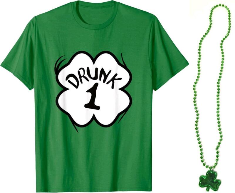 New Size MED Women's Funny St Patrick's Day "Drunk 1" T-Shirt & Beaded Necklace