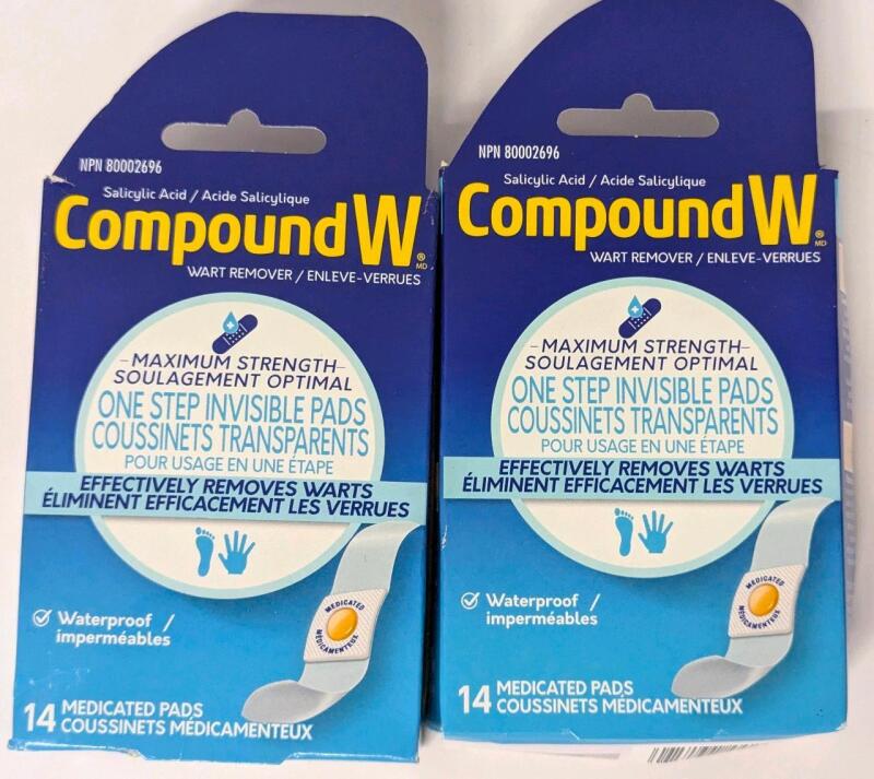 2 New COMPOUND W One-Step Invisible Wart Removers, Max Strength / Waterproof, 14 Pads Each [EXP 06/2028]