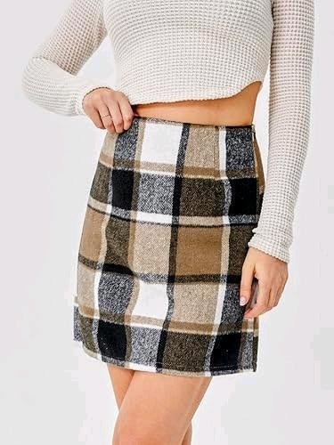 New Size XL Women's Kissmoda Casual Mid-Thigh Winter Fuzzy Fleece Plaid Outer + Lined Inner Skirt With Side-Zipper