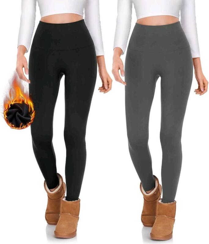 New Adult O/S (SM) Grey+Black Darkterror 2-Pack Fleece Lined Leggings for Women Thermal Tummy Control High Waist Winter Warm Workout Tights
